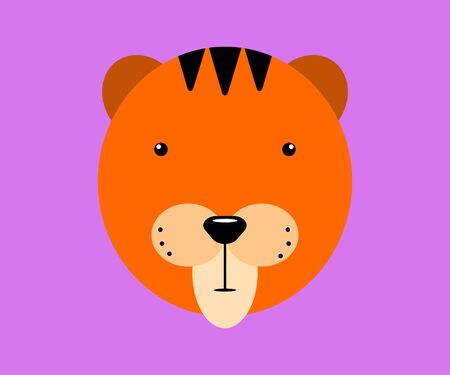 Kawaii tiger face. Cute animal in minimal style on a lilac background. Funny vector pet illustration. Muzzle of orange with black stripes and small eyes. Color emoji, sticker, print. Image for kidsのイラスト素材