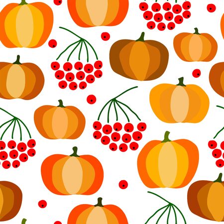 Autumn seamless pumpkin pattern. Pumpkins, cranberries, rowan isolated on white background. Seasonal vector illustration for wallpaper, wrapping paper. Autumn image for Halloween and Thanksgivingのイラスト素材