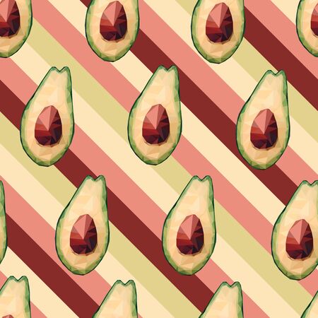Seamless low poly avocado pattern. Vector polygonal avocado on burgundy colour striped background. Green healthy fruits, proper nutrition, snacks, vegetables. Food illustration for packaging, textileのイラスト素材
