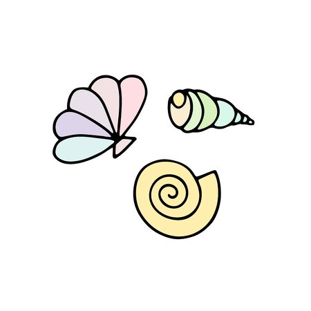 Seashells vector summer set. Pastel mermaid color sea snails isolated on white background. Collection pale cartoon shells for summer holiday decoration, clothes print. Doodle marine stock illustrationのイラスト素材