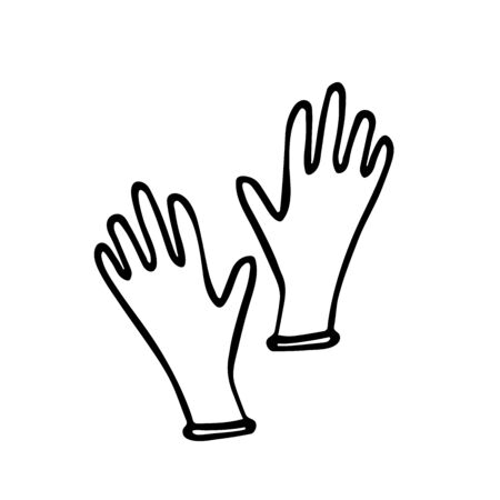Doodle rubber gloves. Hand-drawn latex gloves isolated on white background. Sign of protection against viruses, bacteria, dirt. Symbol of medicine, sterility, housework, gardening. Vector illustrationのイラスト素材