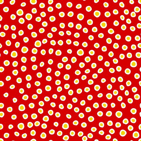 Seamless neutral pattern. White hand drawn rings with a yellow center on a red background. Scandinavian cozy ornament. Vector illustration with circles for wallpaper, posters, wrapping paper, textile.のイラスト素材