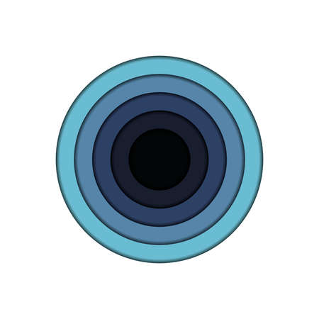 Paper cut blue circle. Symmetric geometric volumetric shape isolated on white background. Stylized eye, camera, optics, depth. Abstract frame copy space. Vector color stock gradient illustrationのイラスト素材