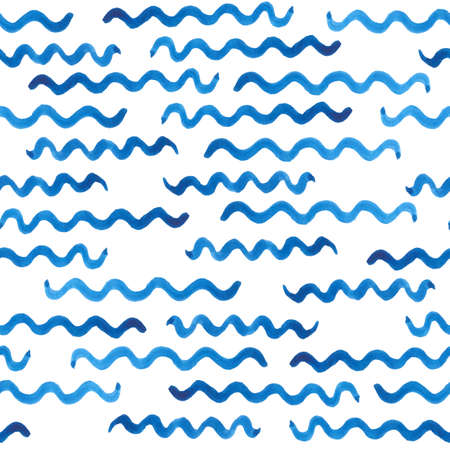 Watercolor seamless vector pattern. Blue strokes of paint wave isolated on white background. Stains,...