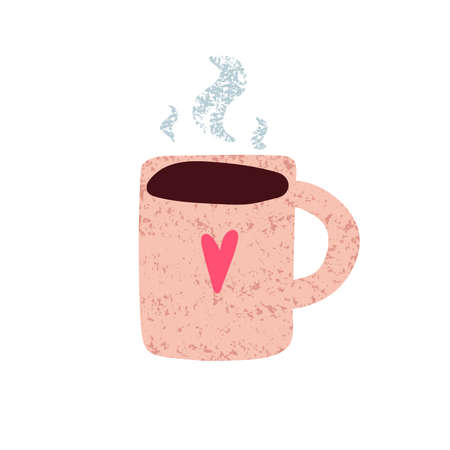 Cute mug with hot coffee. Hand drawn cup with tea, coffee isolated on white background. Beige texture, pink heart, steam. Cozy vector sticker. Good morning, hygge, breakfast symbol. Cafe menu elementのイラスト素材