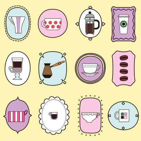 Different coffee cups seamless pattern. Set of mugs with hot drinks. Latte, cappuccino, espresso glasses, cezve, french press, coffee grains on napkin ornament frame. Vector good morning illustrationのイラスト素材