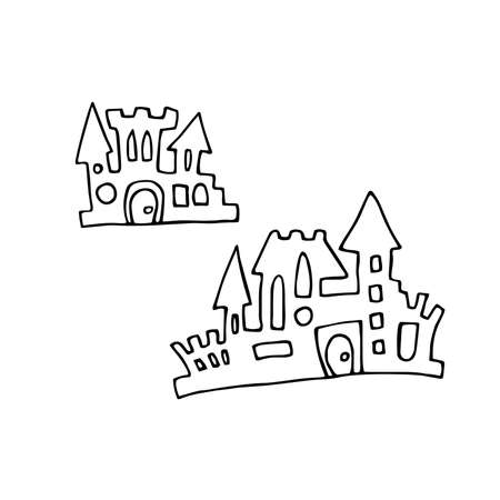 Doodle vector castles set. Hand drawn houses isolated on white background. Outline towers for children's prints, Halloween, packaging, clothing. Cartoon castle with windows, fence, doors illustrationのイラスト素材