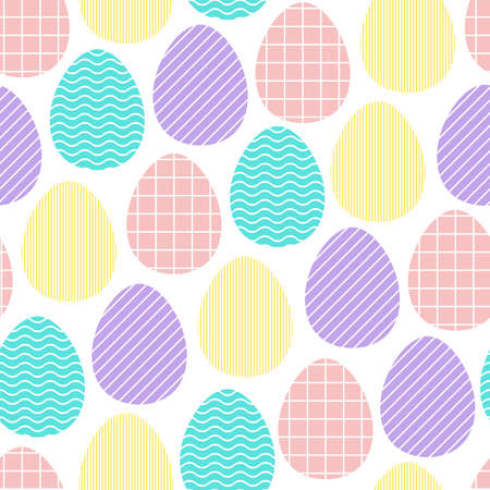 Seamless vector Happy Easter pattern. Painted color Eggs with neutral geometric ornaments isolated on white background. Festive spring stripes, lines, grid illustration. Cute Easter pastel Symbols setのイラスト素材