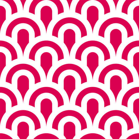 Seamless Japanese waves pattern. White, pink repeating arches background. Minimalistic retro Art...