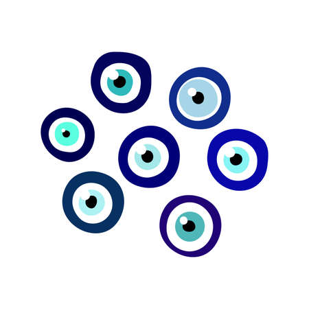 Nazar Boncugu amulet blue eye set. Turkish, Greece, Arabian Talisman isolated on white background. Fatima Eye protection symbol. Magic flat round sign. Different Glass evil eye vector illustrationのイラスト素材
