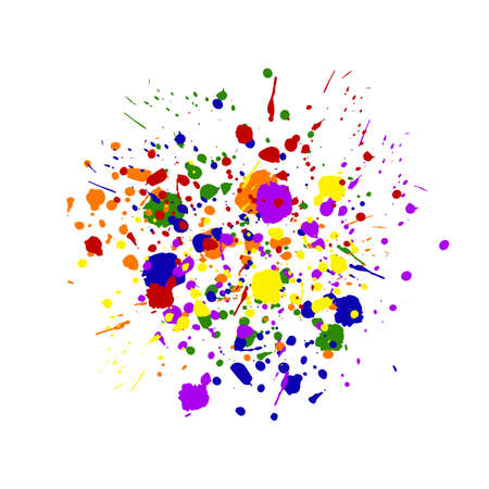 Abstract dot splash. Rainbow messy hand drawn drip points isolated on white background. Brush stroke, ink blots stain, dirty paint splash, drop, spray effect. Vector grunge splattered illustrationのイラスト素材
