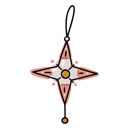 Doodle boho Christmas ball sticker. Toy star with bead isolated on white background. Pastel nude colors festive decoration. Vector cozy New Year illustration. Cute hand drawn winter holidays symbolのイラスト素材