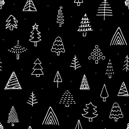 Seamless vector doodle New Year dot pattern. Hand-drawn black outline cute Christmas tree on black background. Holiday chalk board fir trees illustration for wallpapers, posters, wrapping paper, printのイラスト素材