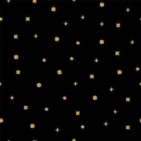 Seamless New Year brilliant glitter pattern. Gold shiny Sparkles stars on black background. Trendy Christmas Vector snow illustration for holidays, wallpaper, birthday posters, Xmas wrapping paperのイラスト素材