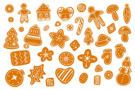 Cartoon Christmas gingerbread cookie. Hand drawn pastries isolated on white background. Baked Christmas tree, star, snowflake, man, house. Homemade holiday cookies. Vector New Year Illustrationのイラスト素材