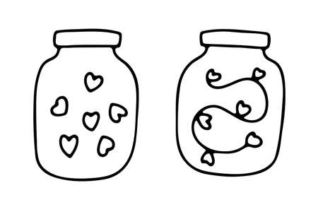 Doodle glass jars with hearts. Outline Transparent container isolated on white background. Valentine's day sign. Festive decoration, home decor. Love, feelings cozy cute symbol. Vector illustrationのイラスト素材