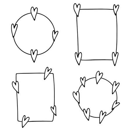 Set of doodle Valentines Day frames. Hand-drawn outline template with hearts isolated on white background. February 14 sign. Round, rectangular cute valentines. Copy space.Vector festive illustrationのイラスト素材