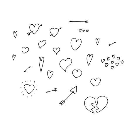 Doodle Valentine's Day hearts set. Hand drawn outline love symbol isolated on white background.のイラスト素材