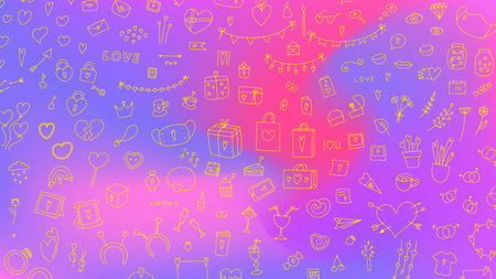 Big Doodle Valentine's Day set. Hand drawn love symbol on blurred light background. Cute greeting cards, gifts, accessories with hearts. Balloons, message sign. Pastel pink, lilac smooth vector bannerのイラスト素材