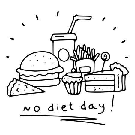 Doodle No Diet Day banner. Outlines fast food, sweets with lettering isolated on white background.のイラスト素材