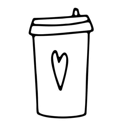 Doodle coffee to go cup. Cute hot beverage isolated on white background. Outline tea, latte, cappuccino, americano, takeaway mug with heart, lid. Vector illustration for the coffee shop, cafe, printのイラスト素材