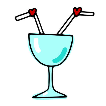 Doodle cocktail for two. Color glass with straws isolated on white background. Crockery with red hearts sign of love. Valentines day, date, wedding romantic symbol. Vector festive cute illustrationのイラスト素材