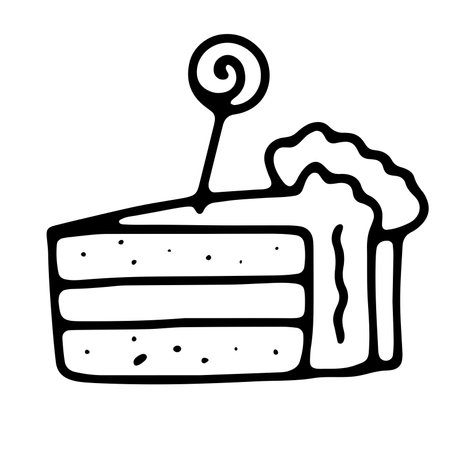 Doodle cake with cream, candy. Hand-drawn outline cute dessert isolated on white background. Sweet bake sign of gender party, Happy Birthday, celebration, No diet day, bakery. Vector pie illustrationのイラスト素材