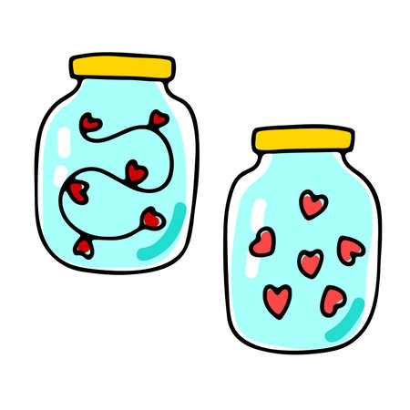 Doodle glass jars with red hearts. Color Transparent container isolated on white background. Valentines day sign. Festive decoration, cozy home decor. Love, feelings cute symbol. Vector illustrationのイラスト素材