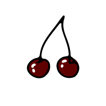 Doodle ripe juicy cherry. Red berries with sprig isolated on white background. Hand-drawn fruit as a...