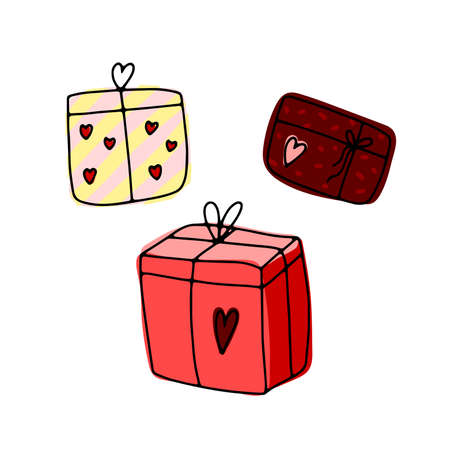 Cute doodle Gifts set. Hand-drawn color presents isolated on white background. Surprise in heart wrapping paper with bow. Holiday, Valentines Day, Birthday, love symbol. Vector festive illustrationのイラスト素材