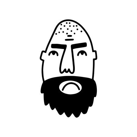Doodle bearded Man face. Hand-drawn outline human isolated on white background. Funny gloomy Avatar. Cartoon bold man. Male cute portrait. Hairstyle, mustaches, beard, brow. Vector sketch illustrationのイラスト素材