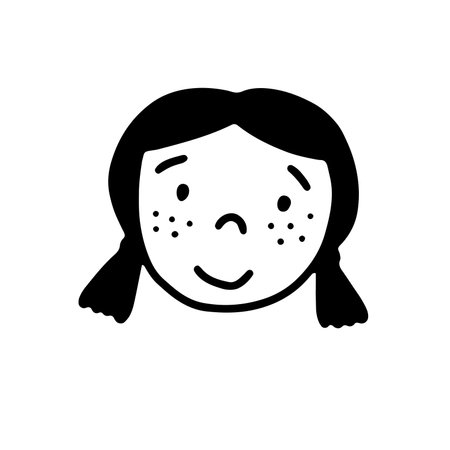 Doodle smiling kind girl with freckles. Hand-drawn baby face isolated on white background. Human cute festive Avatar. Cartoon person. Child portrait. Happy kid with tails. Vector birthday illustrationのイラスト素材