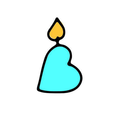Cute doodle burning blue candle in the shape of a heart. Hand-drawn color decor isolated on white background. Holiday, Valentines Day, Birthday, love symbol, spa. Vector festive romantic illustrationのイラスト素材