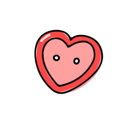 Vector heart-shaped red button isolated on white background. Doodle illustration for weddings, t-shirt, Valentines Day. Sketch Sign of love, romance, feelings, relationship, needlework. Valentine cardのイラスト素材