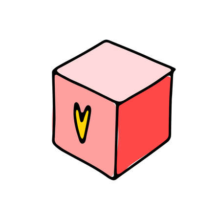 Cute doodle Gift box sticker. Hand-drawn red present isolated on white background. Cube with heart print. Holiday, Valentines Day, Christmas, Birthday, childrens toy symbol. Vector sketch illustrationのイラスト素材