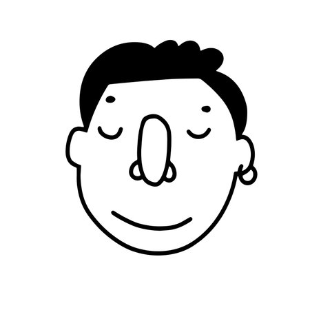 Doodle young pleased guys face. Hand-drawn outline human isolated on white background. Teenager Avatar. Cartoon young man. Male cute portrait. Hairstyle, smile, earring. Vector character illustrationのイラスト素材