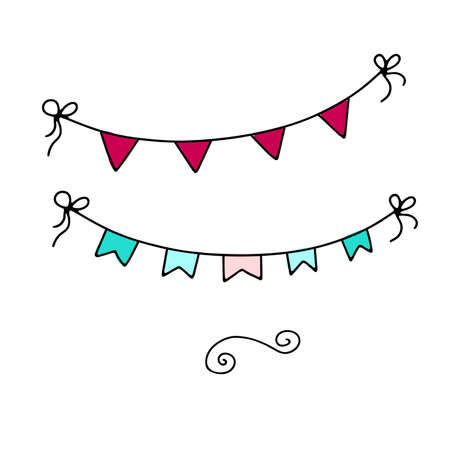 Doodle decorative Garland set. Hand-drawn festoon isolated on white background. Outline festive decoration with flags, ribbons, bows. Vector illustration for a holiday, birthday, wedding, gender partyのイラスト素材