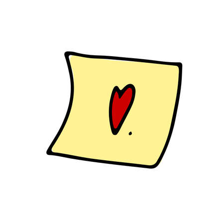 Doodle yellow sticker with heart. Hand-drawn outline notepaper isolated on white background. Sign of congratulation, message, wedding, Valentines Day, reminder, memory, love. Vector cute illustrationのイラスト素材