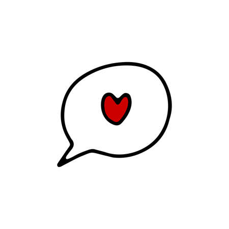 Doodle speech bubble with red heart. Hand-drawn message isolated on white background. Sign of communication, chatting box, dialog, Valentines Day, love, Balloon of thinking. Vector line illustrationのイラスト素材