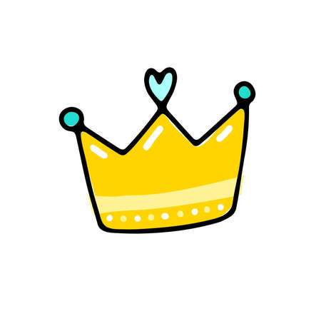 Doodle Crown with heart. Hand-drawn cute diadem accessory isolated on white background. Gold for Valentines Day, Summer, February 14, Wedding, Party. Feelings icon. Vector love illustrationのイラスト素材
