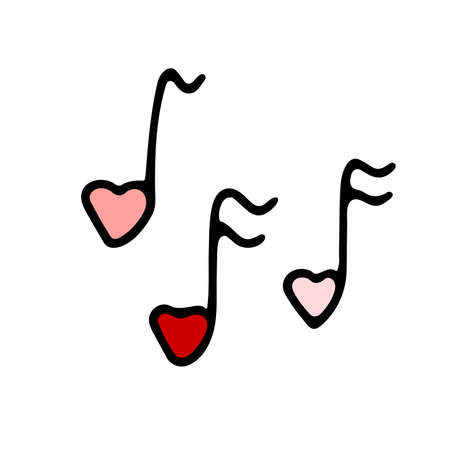 Doodle Valentines cute red and pink musical signs. Hand-drawn love sound symbol on white background. Outline Note in the shape of a heart. Wedding, feeling, song image. Vector music illustrationのイラスト素材