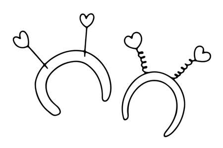 Doodle hair hoop accessory. Hand-drawn cute amour head band with hearts, springs isolated on white background. Outline decor for Valentines Day, February, Wedding, Party. Vector love illustrationのイラスト素材