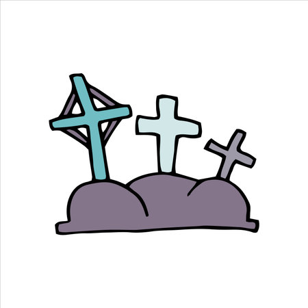 Vector doodle crosses. Gray color grave isolated on white background. Crooked crosses on the tomb on the hills. Cemetery cartoon landscape. Sign of Halloween, Day of the Dead, burial, RIP illustrationのイラスト素材