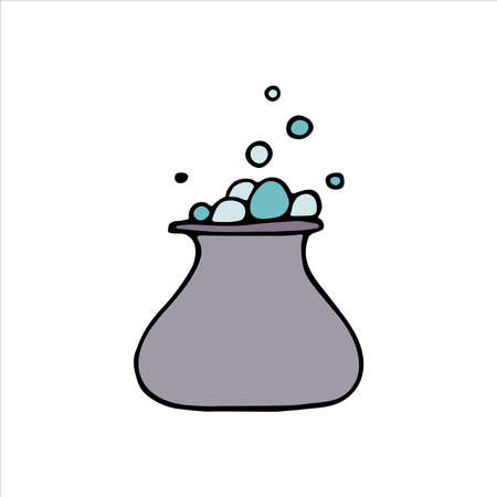 Magic cauldron of potion doodle. Color witch's boiler isolated on white background. Halloween brew kettle with bubbles. Vector illustration for spooky autumn holidays, print, trick or treat symbolのイラスト素材