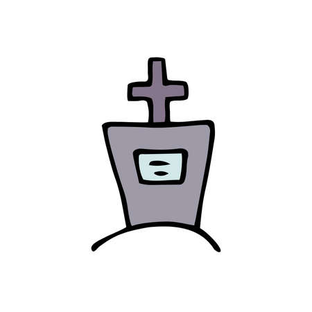 Vector doodle cross. Outline grave isolated on white background. Headstone, cross on the tomb on the hill. Cartoon cemetery landscape. Symbol of Halloween, Day of the Dead, burial, RIP illustrationのイラスト素材