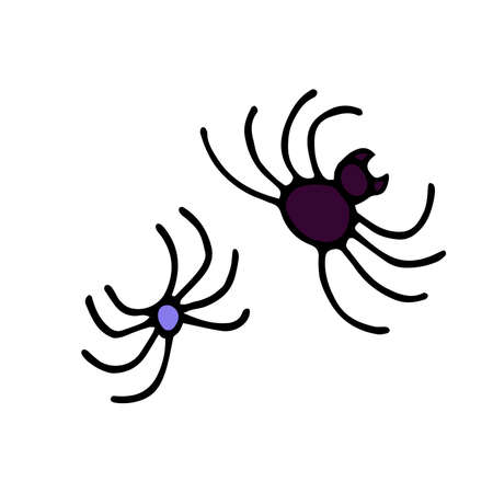 Doodle spider set. Hand-drawn purple insect isolated on white background. Scary cute sign. Outline vector stock illustration for fall design, happy Halloween, Day of the Dead, web, autumn animal printのイラスト素材