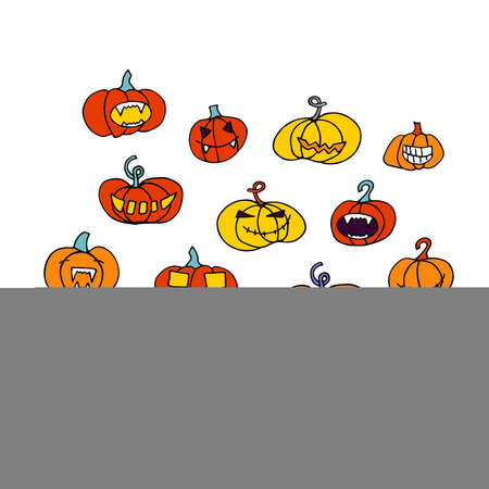 Doodle Halloween scary orange pumpkins Set. Funny, creepy, smiling faces. Happy Halloween Holiday Symbol isolated on white background. Character collection. Cartoon Vector Spooky Autumn Illustrationのイラスト素材