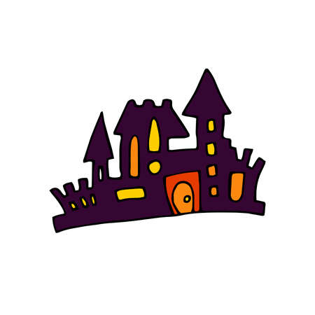 Doodle vector color creepy castle. Hand-drawn house isolated on white background. Cartoon tower for scary print, Halloween, packaging, clothing. Cartoon castle with windows, fence, doors illustrationのイラスト素材