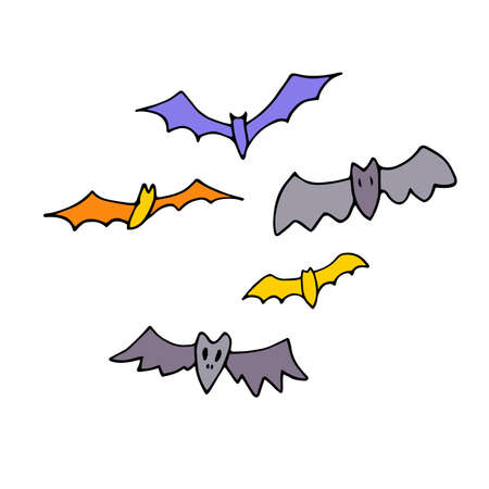 Doodle bats set. Hand drawn creepy winged animals isolated on white background. Color flittermouse flock. Collection for Halloween, print, autumn holidays, scary childish design. Vector illustrationのイラスト素材
