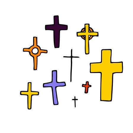 Doodle crosses set. Outline grave isolated on white background. Color Sign of Halloween, Day of the Dead, burial, RIP, church. Religious sketch symbol of different shapes. Vector Gothic illustrationのイラスト素材